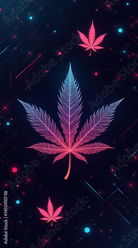 Vivid cannabis leaves are displayed in shades of pink and blue, set against a dark backdrop adorned with colorful lights, creating a modern artistic effect