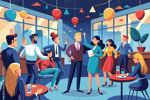 Animated scene of cheerful colleagues enjoying an office party. The group is surrounded by festive balloons and decorations, embodying celebration and camaraderie in a vibrant workplace atmosphere.