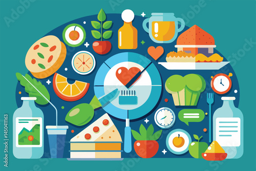 Illustration featuring a wide array of healthy food items, highlighting a balanced diet concept. Perfect for promoting nutrition, healthy living, and wellness in vibrant and engaging visuals.