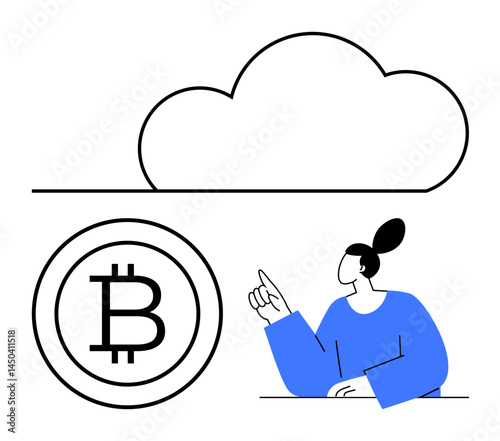 Person gestures toward Bitcoin icon beneath cloud. Ideal for blockchain, cryptocurrency, cloud computing, fintech, digital assets, decentralized banking, secure transactions. Flat simple metaphor