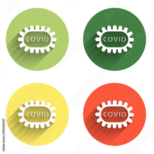 Set Corona virus covid-19 icon isolated with long shadow background. Bacteria and germs, cell cancer, microbe, fungi. Color circle button. Vector