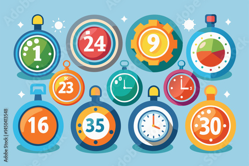 A vibrant collection of cartoon stopwatch illustrations, each depicting various time intervals against a blue background. Ideal for concepts of time management, deadlines, and productivity.