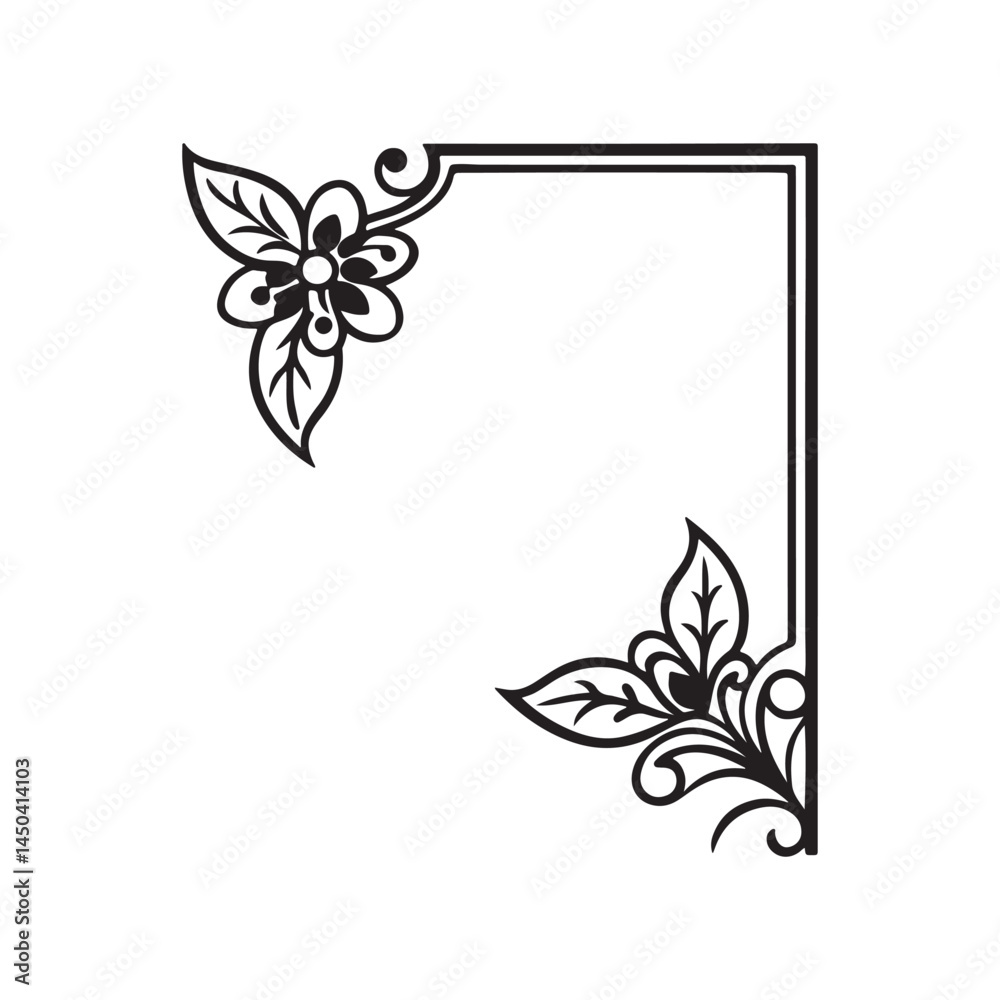 Fototapeta premium Decorative corner frame with floral accents in black and white illustration