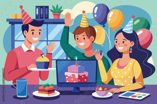 A cheerful office birthday celebration with coworkers enjoying cake, snacks, and party hats. Vibrant balloons and a joyful atmosphere make it a memorable work event.
