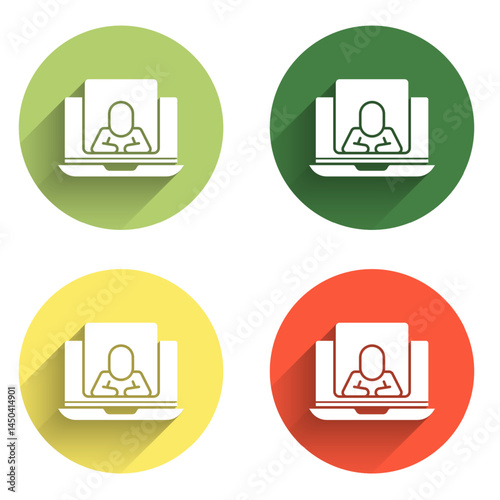 Set Online psychological counseling distance icon isolated with long shadow background. Psychotherapy, psychological help, psychiatrist online consulting. Color circle button. Vector