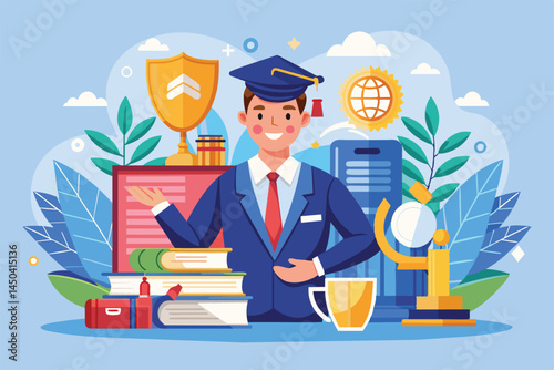 A young graduate in a cap and gown proudly surrounded by academic symbols and trophies, symbolizing success, education, and new beginnings.