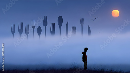 scene where utensils float in a glowing dreamscape