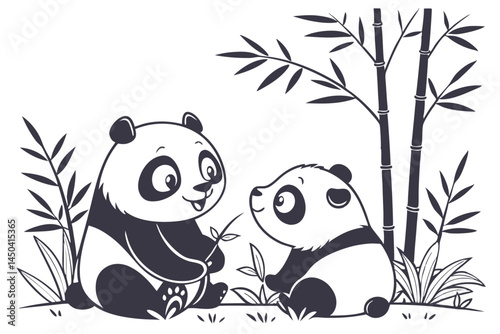 Pandas eating bamboo natural habitat illustration tranquil setting playful perspective wildlife conservation concepts