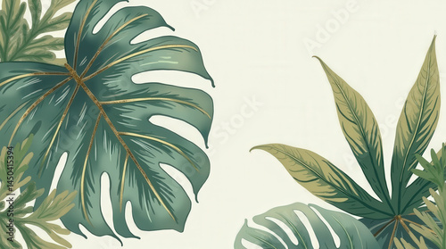 Lush tropical leaves with rich greens are arranged against a soft, light backdrop, creating a tranquil atmosphere that highlights the elegance of botanical design