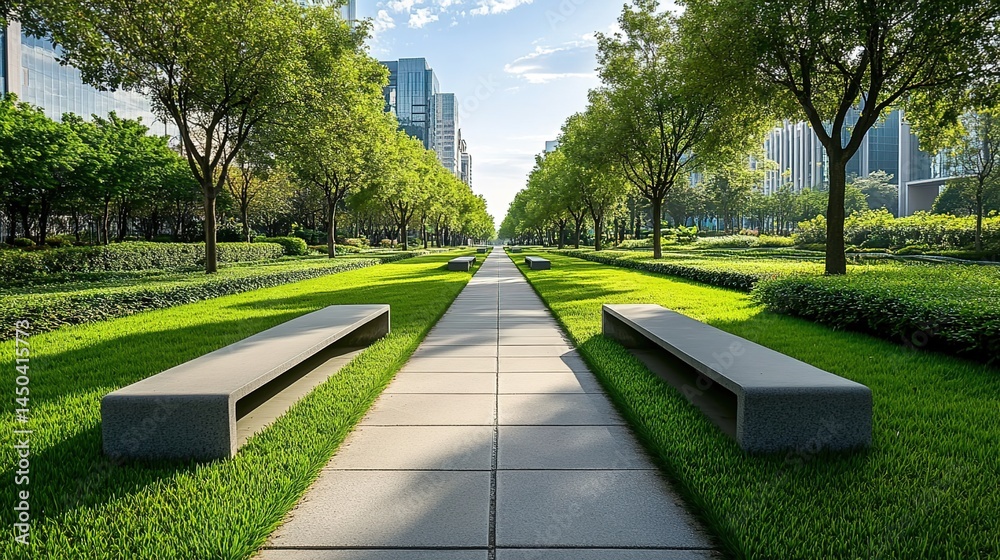 Fototapeta premium Straight path with trimmed trees, shrubs, green lawn, stone benches, modern skyscrapers under clear sky.