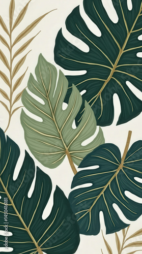 Colorful tropical leaves illustrate a lively design featuring large green and textured patterns against a neutral backdrop, creating a fresh atmosphere perfect for decor