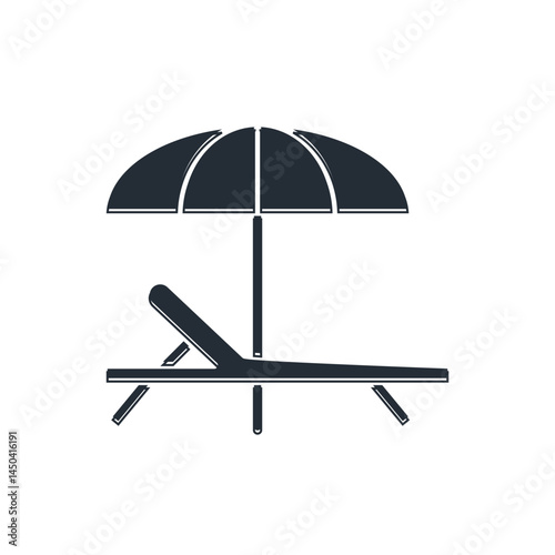 Black Sunbed icon isolated on white background. Beach umbrella and Sun lounger. Vector