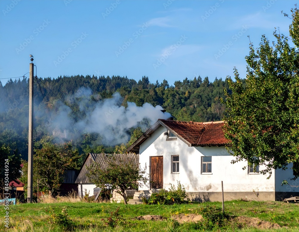 Fototapeta premium Rustic white house with smoke from chimney, idyllic rural landscape.