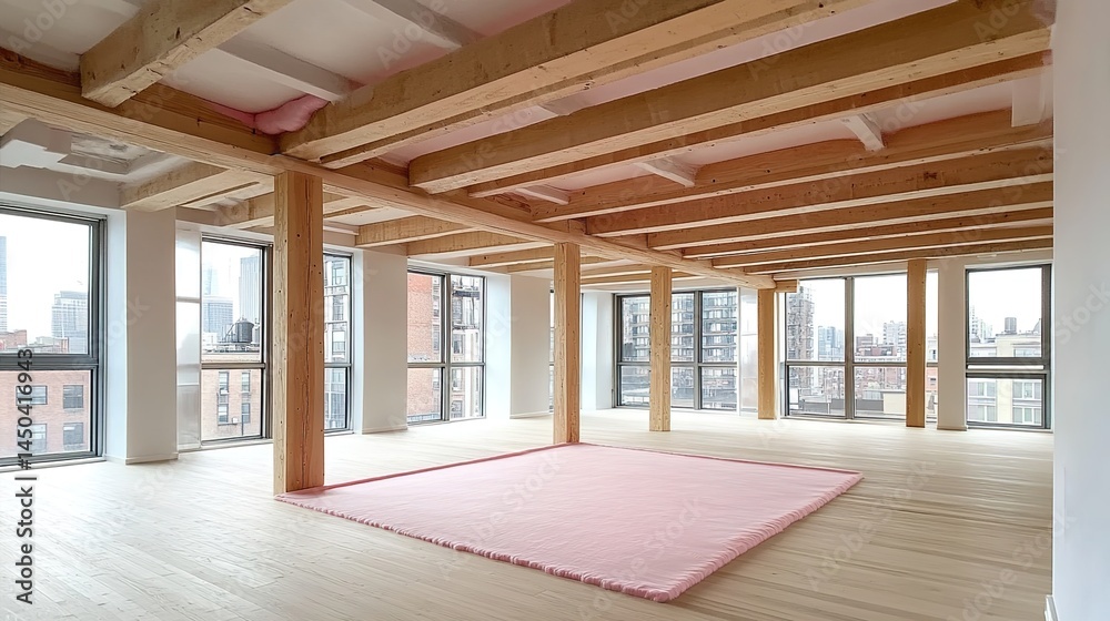 Spacious unfinished room with exposed wooden beams, large windows and pink floor mat.