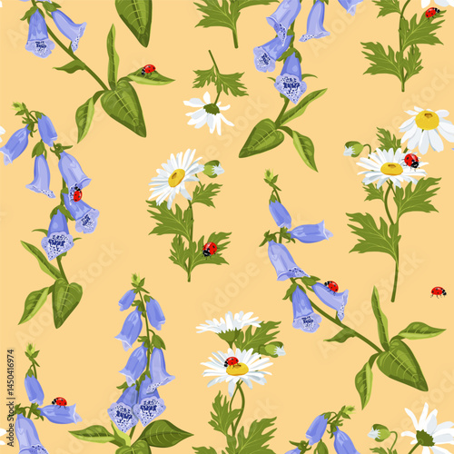 Seamless vector illustration with chamomile, digitalis and ladybugs on a beige background. For decorating textiles, packaging