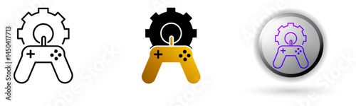 Gamification icon collection, ideal for repair service brands, and design infographics includes three style variations, black line, colored flat design, and modern gradient button icons.