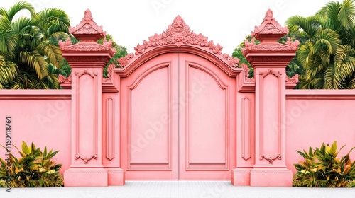 Ornate pink gate with intricate design, surrounded by tropical plants and palm trees, set against a bright white sky.