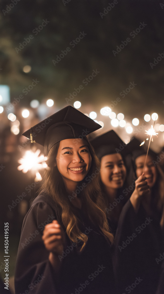 Obraz premium A group of happy young graduates, primarily women of Asian descent, celebrating at night with sparklers while wearing caps and gowns, exuding joy and accomplishment