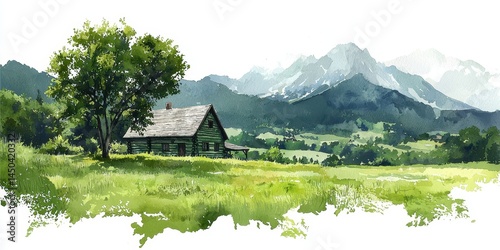 A rustic cabin sits in a green meadow beneath tall trees, with mountains rising majestically in the background under a clear sky.