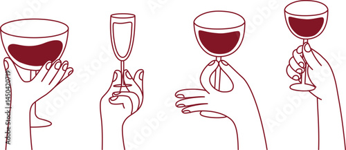 Simple and organic vector illustration in minimalist linear style with hands holding wine glasses, celebration and party atmosphere, design element for invitation, banner, template