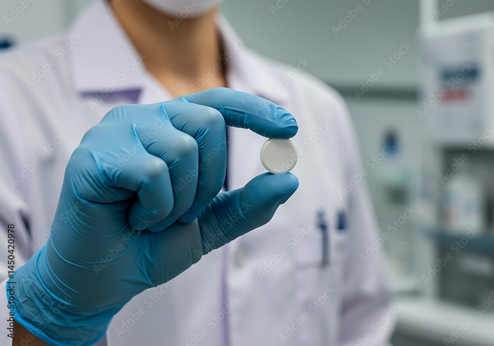 Scientist Holding a White Pill in Blue Gloves in a Lab