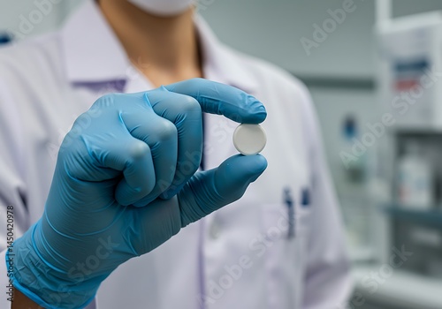Obraz na płótnie Scientist Holding a White Pill in Blue Gloves in a Lab w salonie