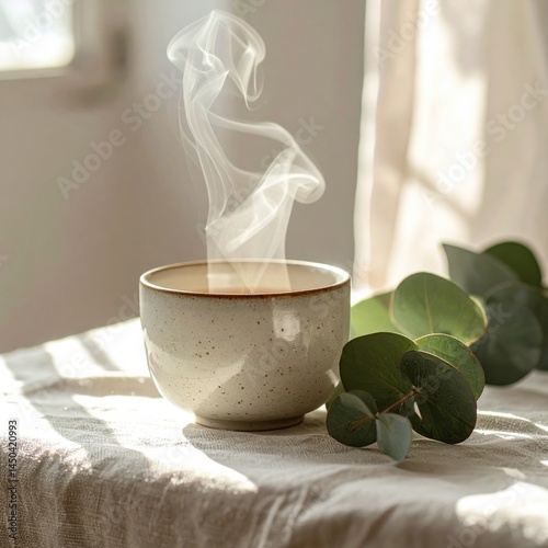 A warm ceramic cup emits steam in soft natural sunlight, resting on a linen tablecloth with eucalyptus leaves beside it.