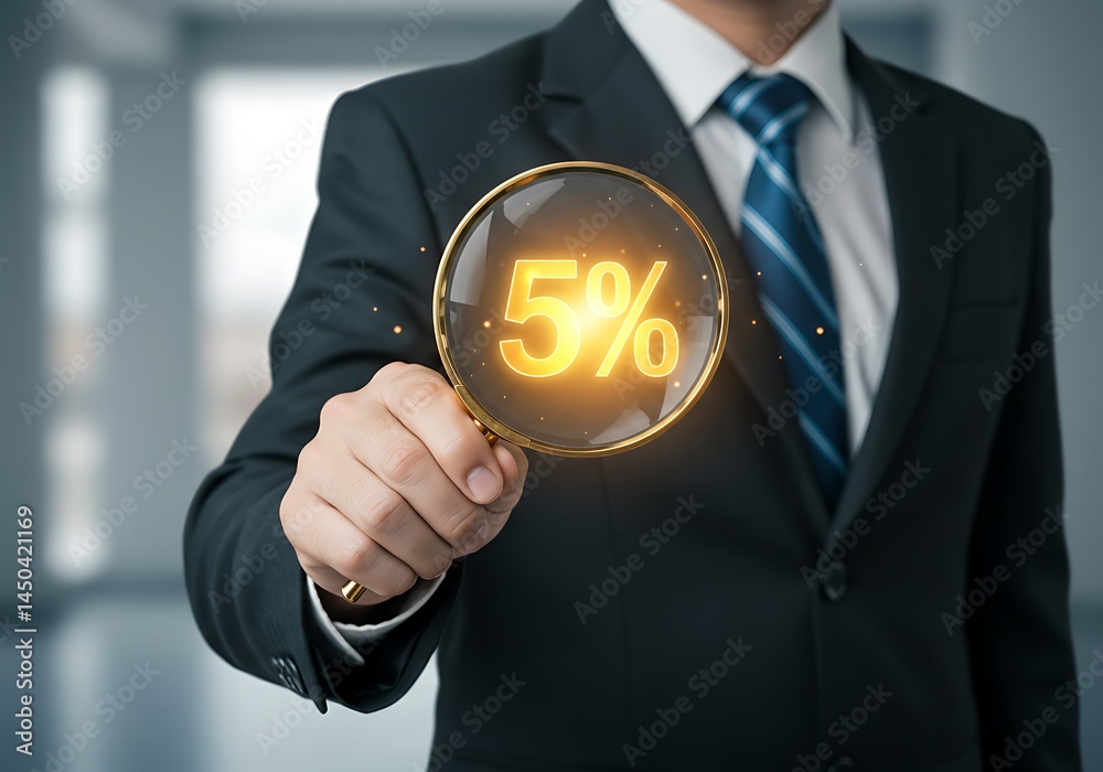 Businessman Holding Magnifying Glass Showing 5% Discount