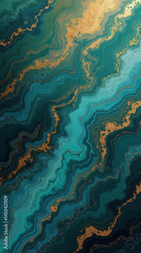 Dynamic waves of deep teal and emerald intertwine with shimmering gold highlights, evoking the tranquility of ocean waters and the elegance of abstract art