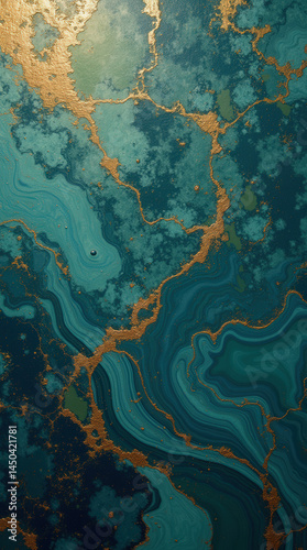 Colorful abstract design showcases intricate swirls of turquoise with gold accents, creating a luxurious and calming aesthetic. Perfect for modern decor or artistic inspiration