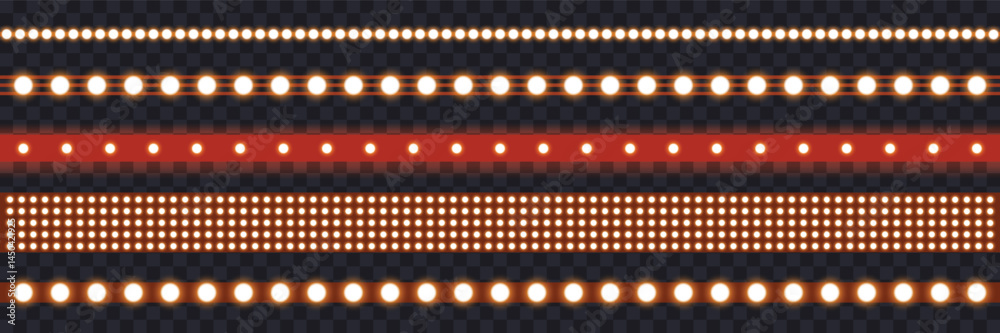 Marquee strip set, red led light ribbons on transparent background. Realistic neon light bulb, vector illustration. vintage marquee borders collection.
