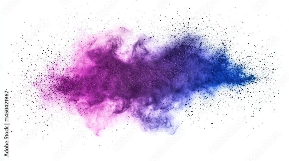 Purple and blue soil explosion with vibrant dust particles on white background Purple and blue soil explosion with vibrant dust particles on white background