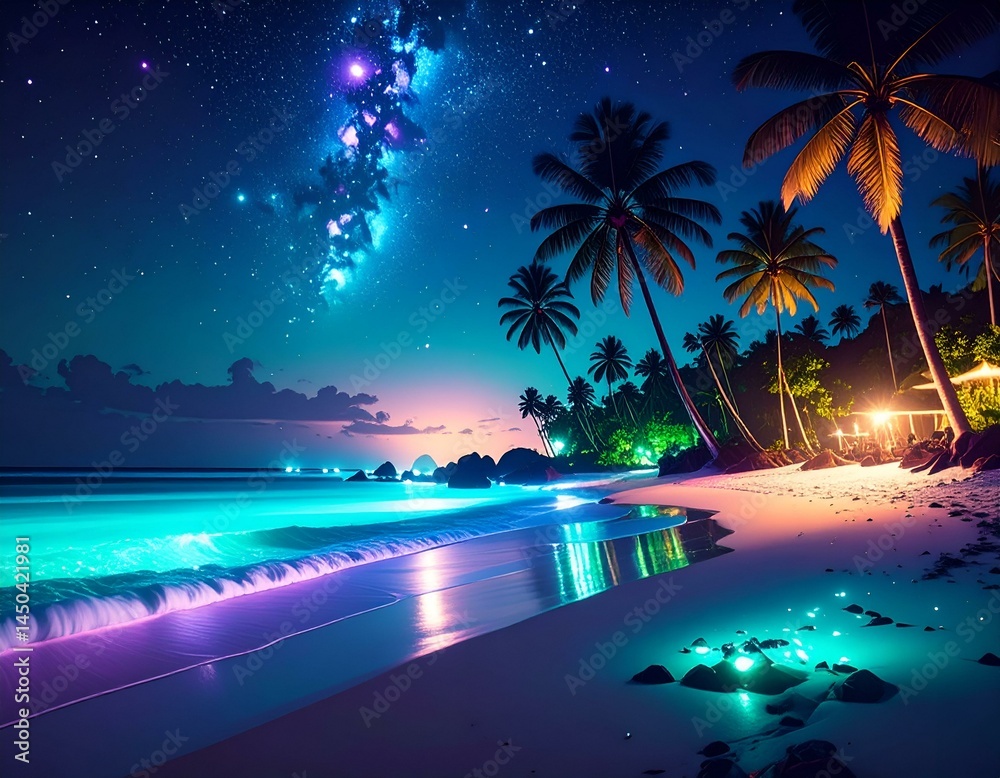 custom made wallpaper toronto digitalMagical night scene at a tropical beach with palm trees, neon-lit waves, and a starry sky. Perfect for travel, vacation, or fantasy themes.