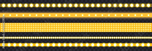 Marquee strip set, yellow led light ribbons on transparent background. Realistic neon light bulb, vector illustration. vintage marquee borders collection.