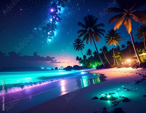 Wallpaper Mural Magical night scene at a tropical beach with palm trees, neon-lit waves, and a starry sky. Perfect for travel, vacation, or fantasy themes. Torontodigital.ca