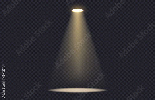 Gold spotlight with glow, light source with reflection on the floor on transparent background. Realistic yellow spotlight in abstract dark studio, room or theater scene, or concert.
