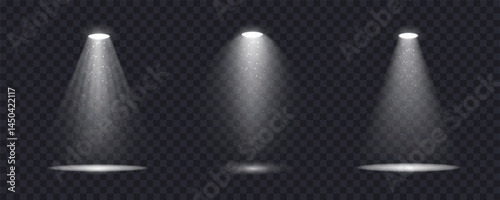 Realistic spotlight set with glowing dust particles on transparent png background and reflection on the floor for stage, studio, or theater light effects. 