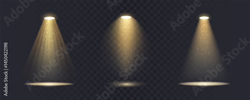 Realistic spotlight set with gold glowing dust particles on transparent png background and reflection on the floor for stage, studio, or theater light effects. 