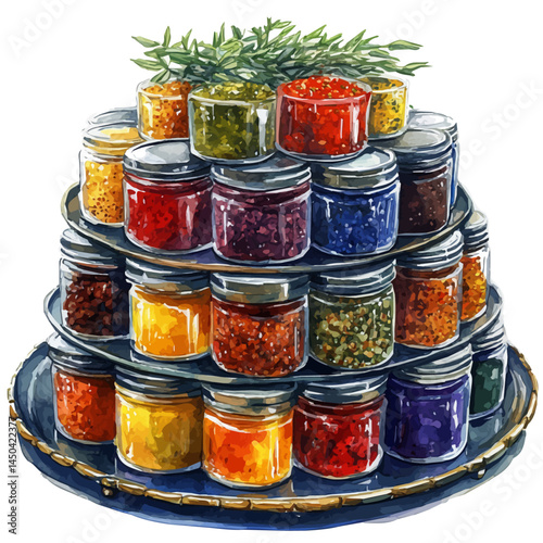 illustration of Glass Spice Rack Filled With Jars, watercolor vector, isolated on a white background.