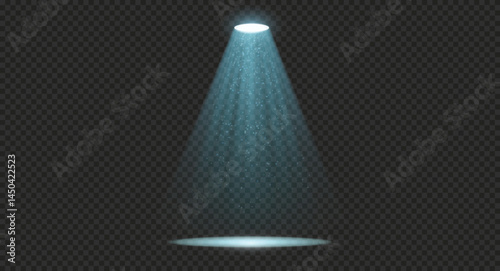 Realistic spotlight beam with glowing blue dust particles on transparent png background and reflection on the floor for stage, studio, or theater light effects. 
