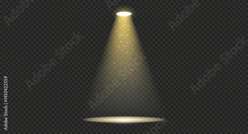Gold spotlight with glow dust, light source with reflection on the floor on transparent background. Realistic yellow spotlight in abstract dark studio, room or theater scene, or concert.