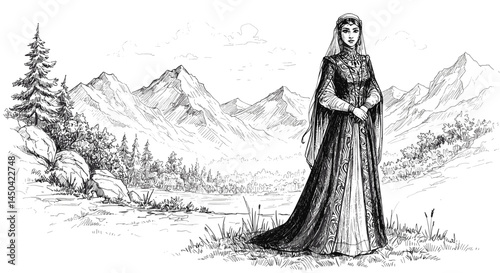 Elegant Georgian woman in historical dress stands against mountain landscape
