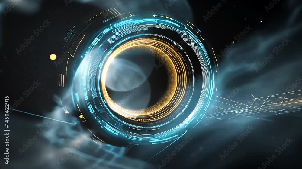Futuristic circular interface with glowing elements.  Complex digital display with rings, light effects, and interconnected lines.  Intricate, technological design