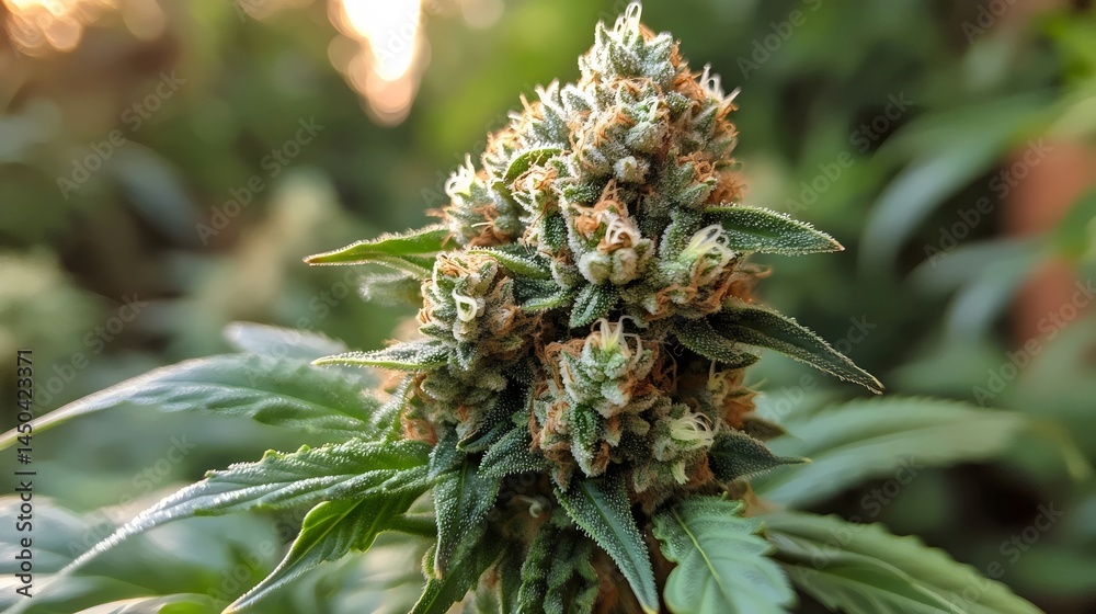 A vibrant image showcasing a mature cannabis bud, bathed in natural sunlight, with detailed textures. A vibrant image showcasing a mature cannabis bud, bathed in natural sunlight, with detailed textures.