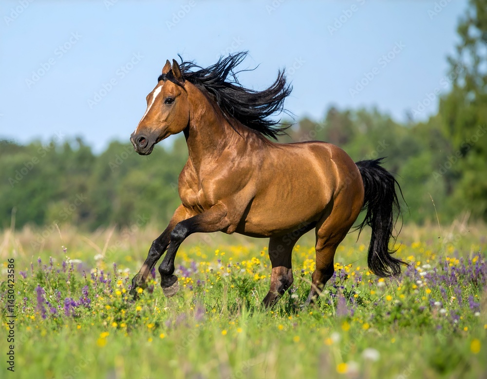 Fototapeta premium Stunning chestnut horse with flowing black mane galloping through a vibrant wildflowers meadow under a clear blue sky.
