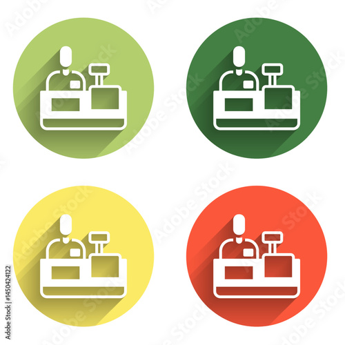 Set Cashier at cash register supermarket icon isolated with long shadow background. Shop assistant, cashier standing at checkout in supermarket uniform. Color circle button. Vector