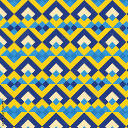 Abstract geometric seamless pattern design features a yellow chevron and zigzag ornament on a vintage tile texture