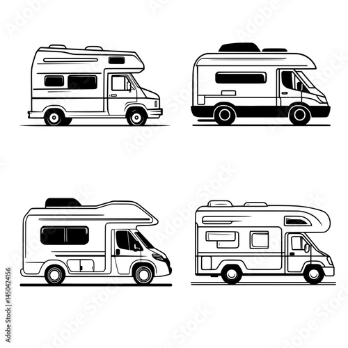 Minimalist black and white logo of a spacious camper van with raised roof, windows, and roof box, subtle pastel shading on white background, symbolizing freedom, travel, and comfort in nature.
