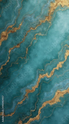A textured background featuring varying shades of turquoise and rich gold accents. The wavy patterns create depth and elegance, suitable for contemporary design projects or decor
