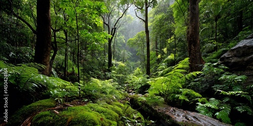 Lush green rainforest forest floor, misty light, nature backdrop, perfect for environmental themes